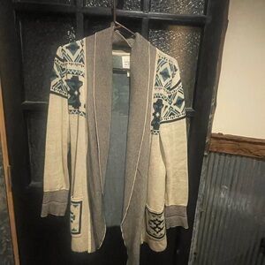 Beige and Teal Patterned Open-Front Cardigan Sweater
